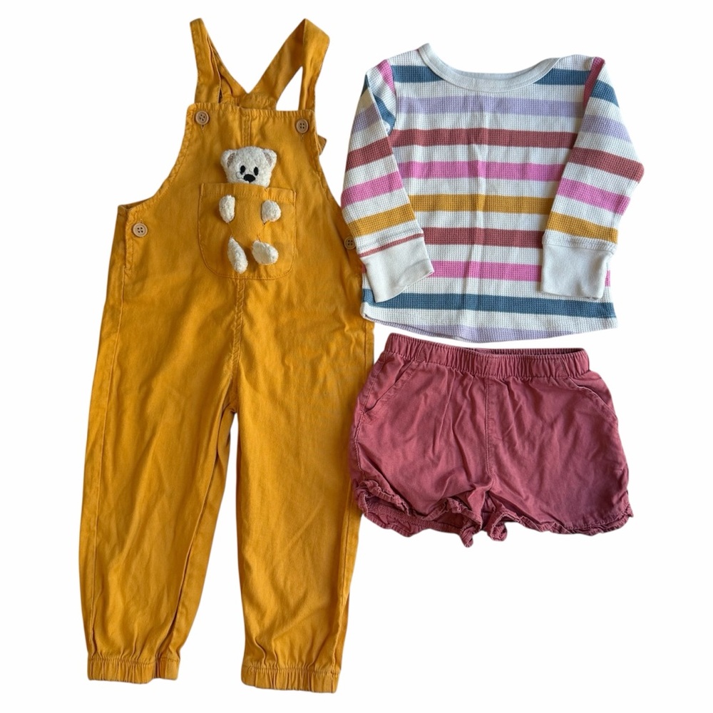 3 Piece Yellow Kids Overalls , Shorts And A Long Sleeve Shirt Size 18M